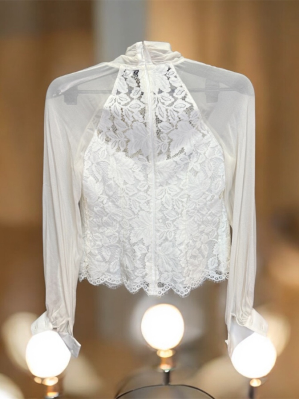 Teri Jon Rickie Freeman White Silk Lace Blouse Size 4 Bow Neck Sheer Sleeve - Picture 2 of 7